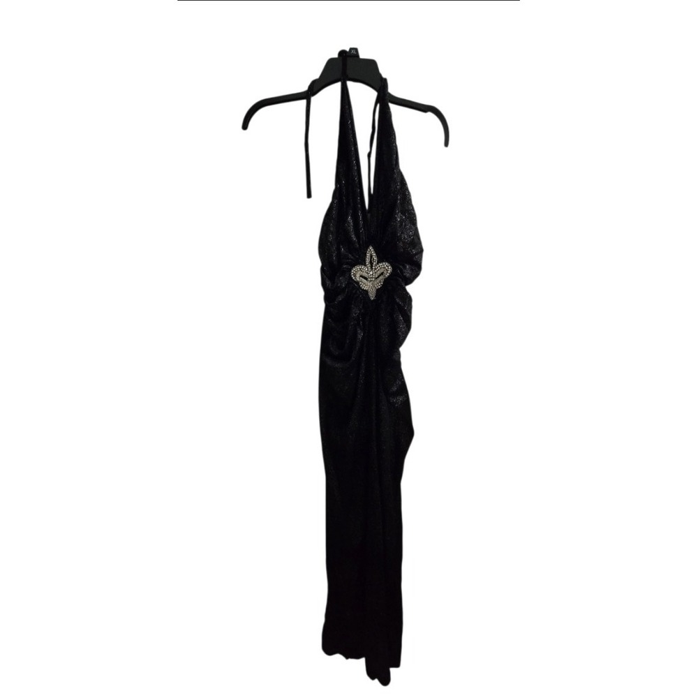 Vintage Nom de Plume Halter Gown Dress Large Black Metallic Shimmer Grunge Y2K